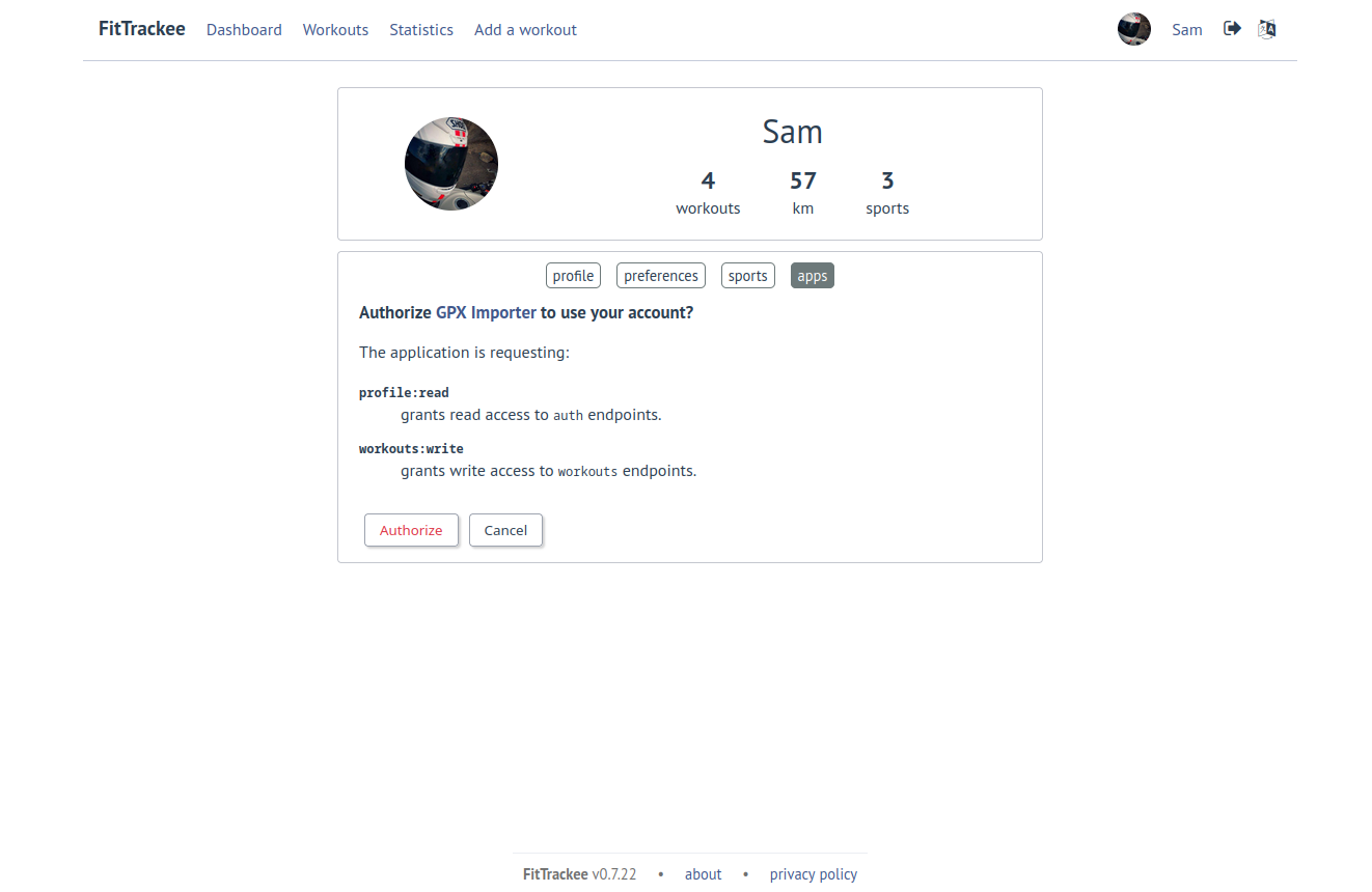App authorization on FitTrackee