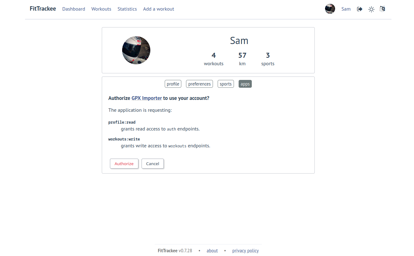 App authorization on FitTrackee