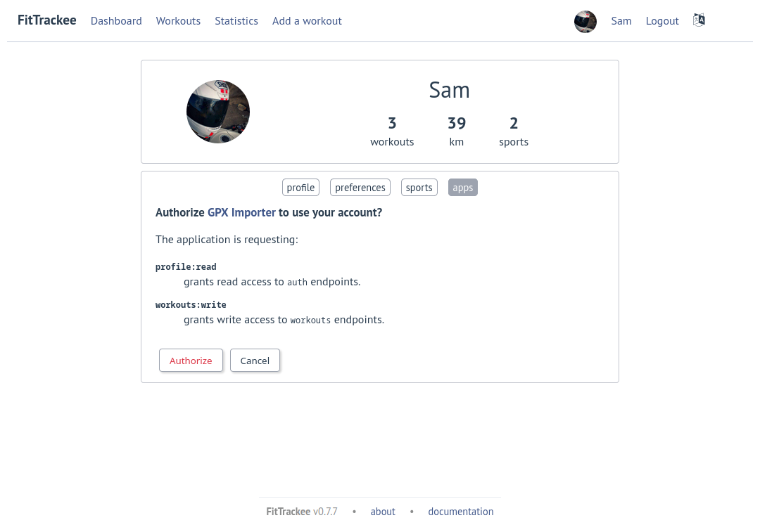 App authorization on FitTrackee