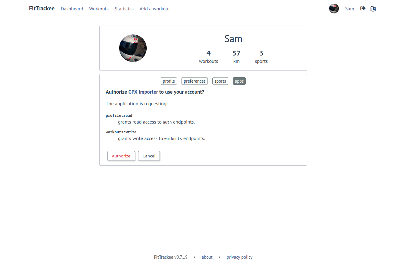 App authorization on FitTrackee