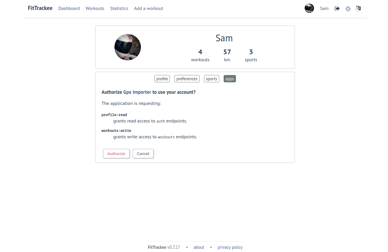App authorization on FitTrackee