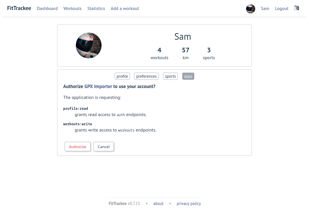 App authorization on FitTrackee